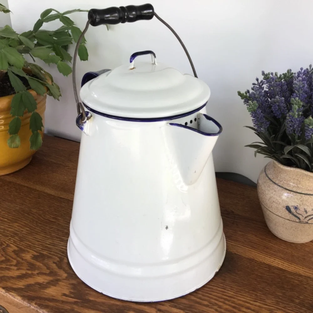 Vintage Enamel White & Blue Coffee Pot & Lid Kettle Enamelware Rustic Antique